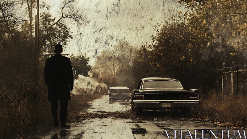 Rear-view composition shows solitary man, classic sedans, autumn rain