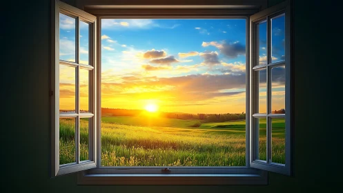 Sunlit countryside panorama framed by open window scene.