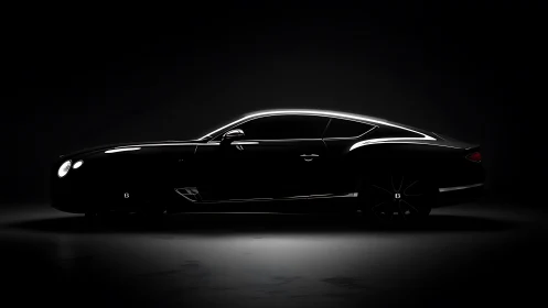 Sleek luxury coupe in low key profile with dramatic rim lighting