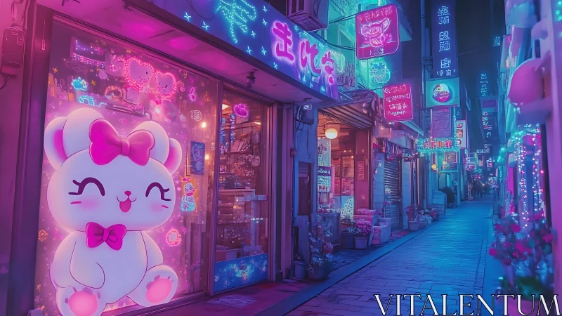 Cute neon bunny shop brightening a cozy city alleyway.