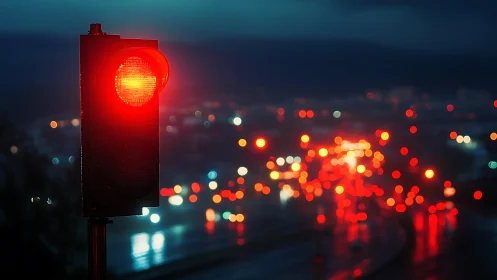 Red traffic signal at dusk with defocused urban car lights