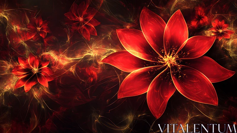 Luminous red fractal flowers on dark swirling background.
