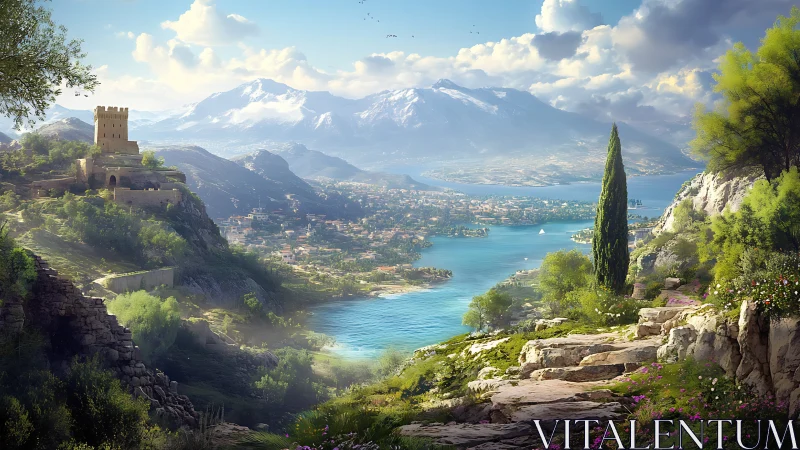 Castle above bright turquoise lake in mountain valley.