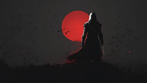 Midnight rogue studies a bleeding moon before the last strike