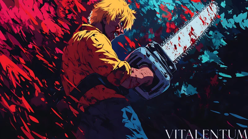 Blood-soaked chainsaw warrior in high-contrast neon palette.