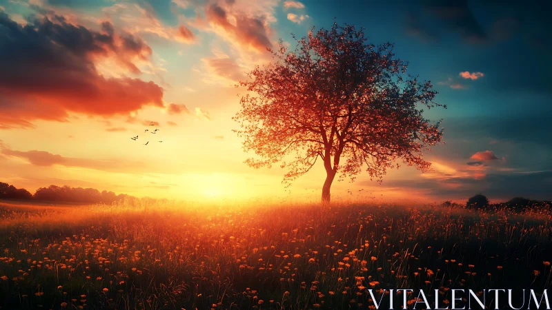 Solitary tree under blazing sunset over wildflower meadow.
