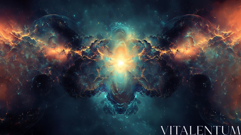 Nebula gate igniting twin galaxies in mirrored collision.