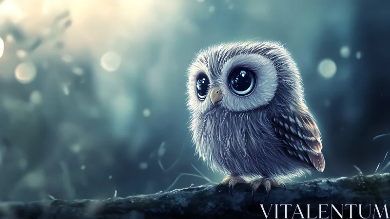 Adorable baby owl in dreamy forest, digital fantasy art style.