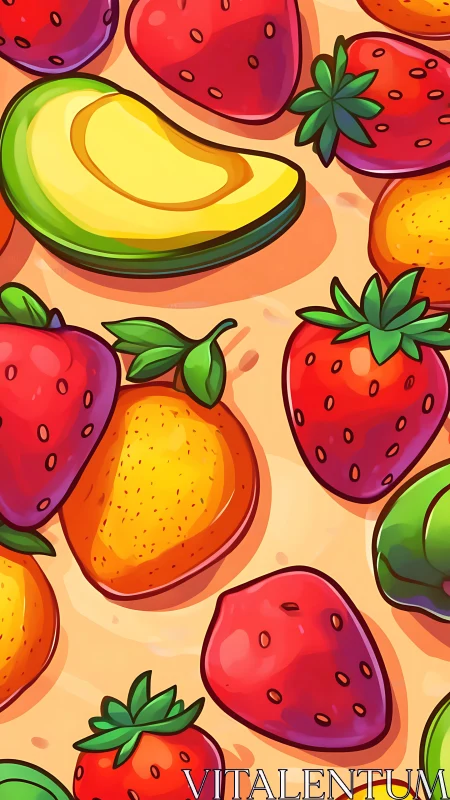 Vibrant digital pattern with strawberries, mango, avocado slices.