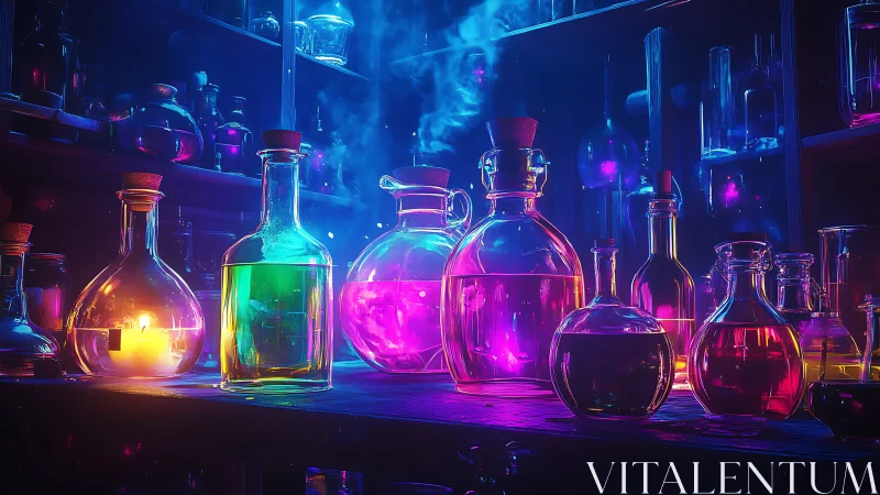 Chromatic alchemy laboratory with luminescent potion vessels.