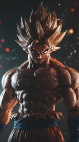 Muscular spiky‑haired warrior in stylized 3D render.