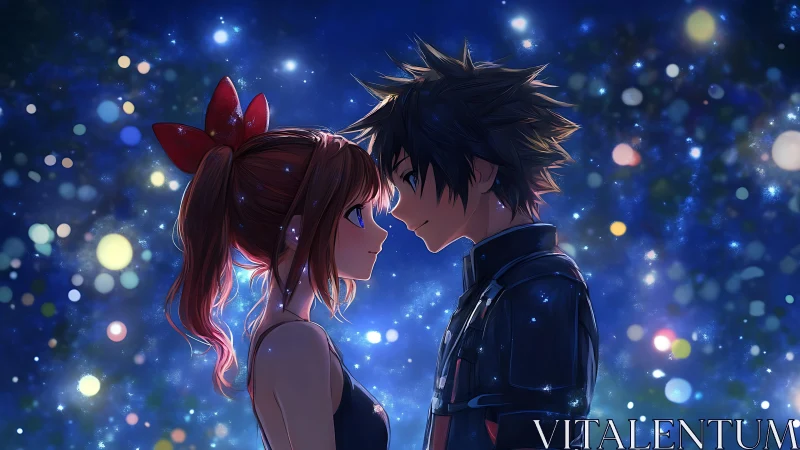 Starlit anime couple share a tender, glowing moment together.