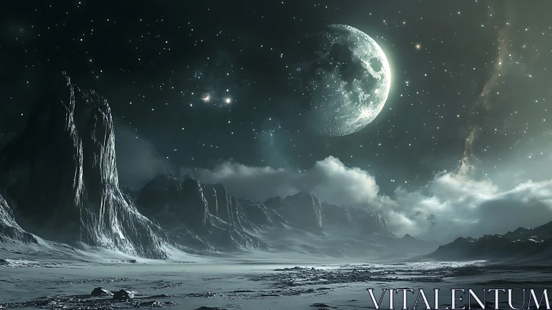 Lunar-lit glacial exoplanet landscape in cinematic 3D panorama.