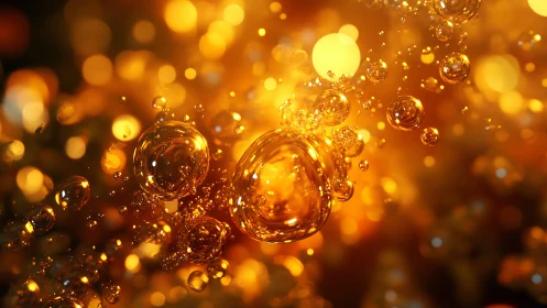 Luminous amber liquid bubbles suspended in golden bokeh field