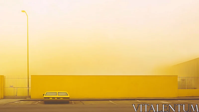 Minimalist yellow parking wall with lone vintage station wagon