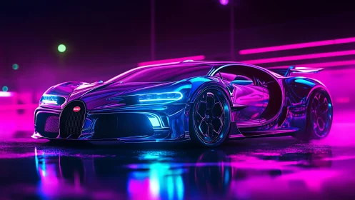Neon soaked supercar cruising through an electric night.