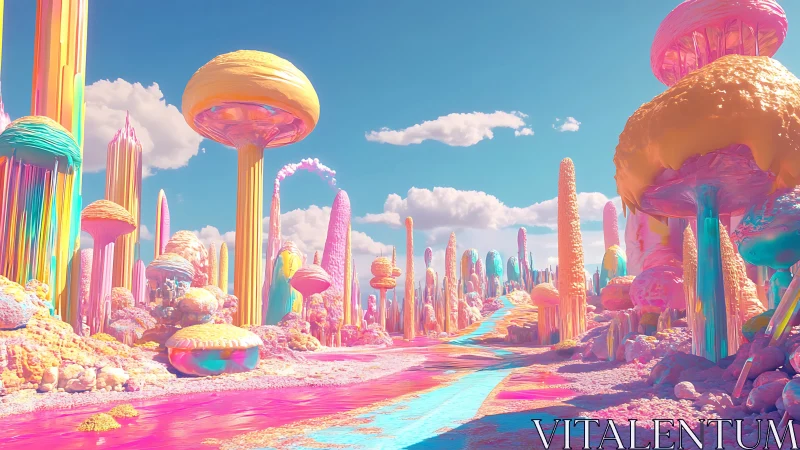 Surreal candy-colored landscape with tall organic forms.