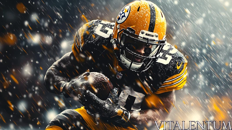 American football player running with ball in snowy game.