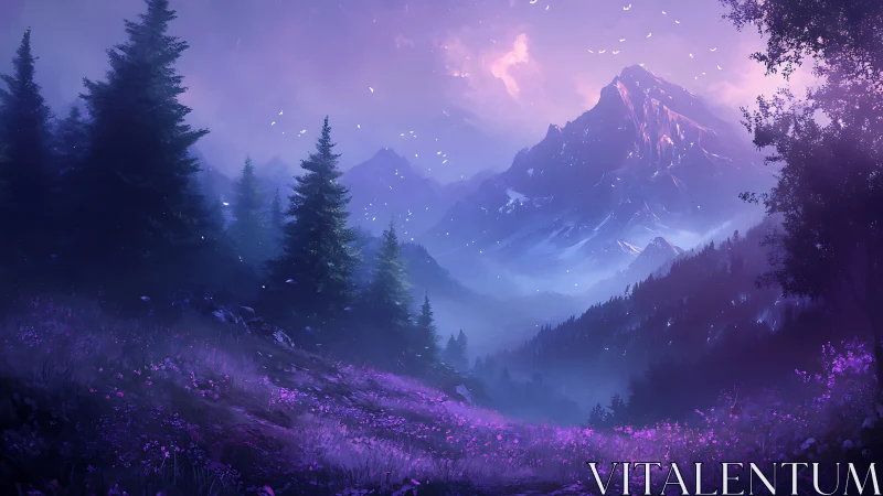 Luminous alpine valley recedes toward mist-veiled violet peaks