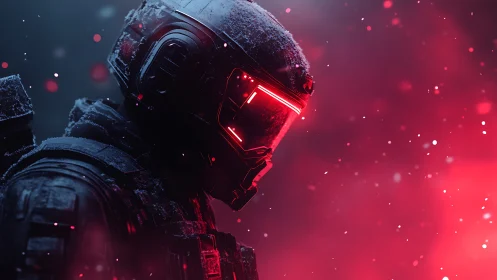 Frostbitten neon ranger drifting through a scarlet snowstorm.