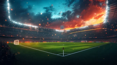 Floodlit football arena under blazing twilight sky.