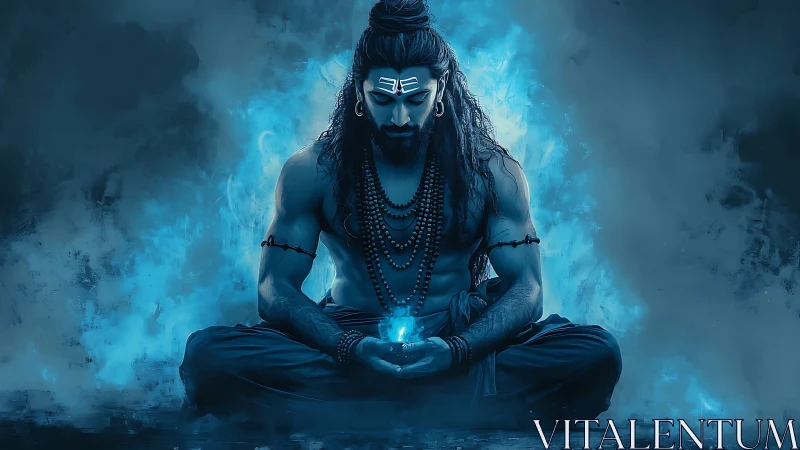 Meditating storm-bearer cradles a quiet inner cosmos of blue