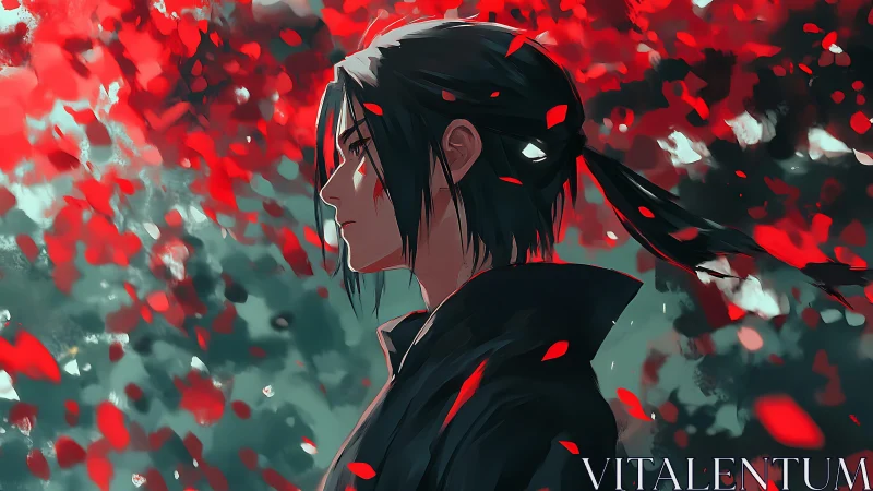 Anime profile portrait amid abstract crimson petal field.