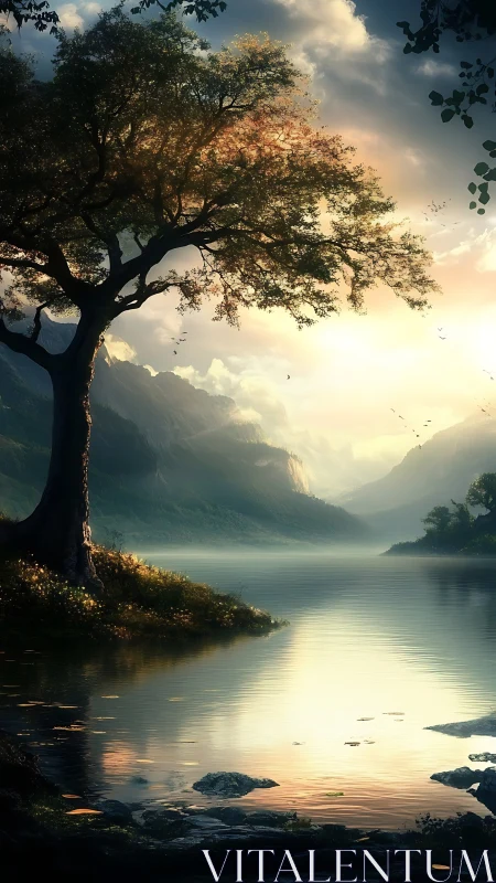 Backlit lakeside tree under volumetric sunset sky reflections