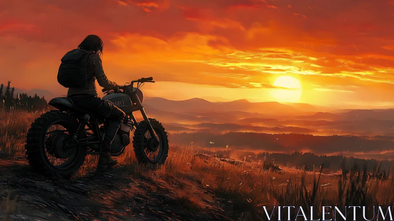 Motorcyclist overlooks blazing sunset across wild hills.