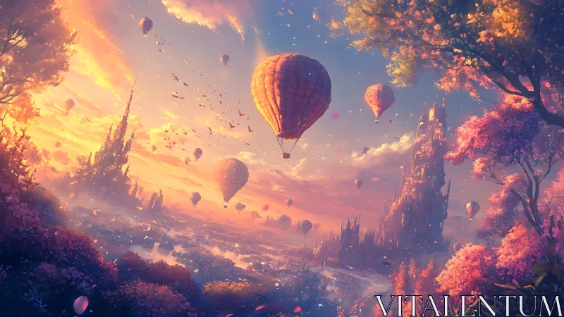 Hot air balloons over stylized fantasy valley at sunset.