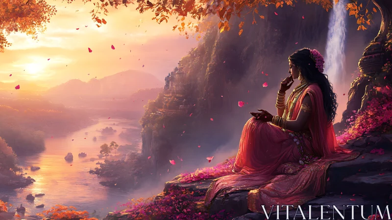 Serene river sunset embraces a regal woman in rose silk