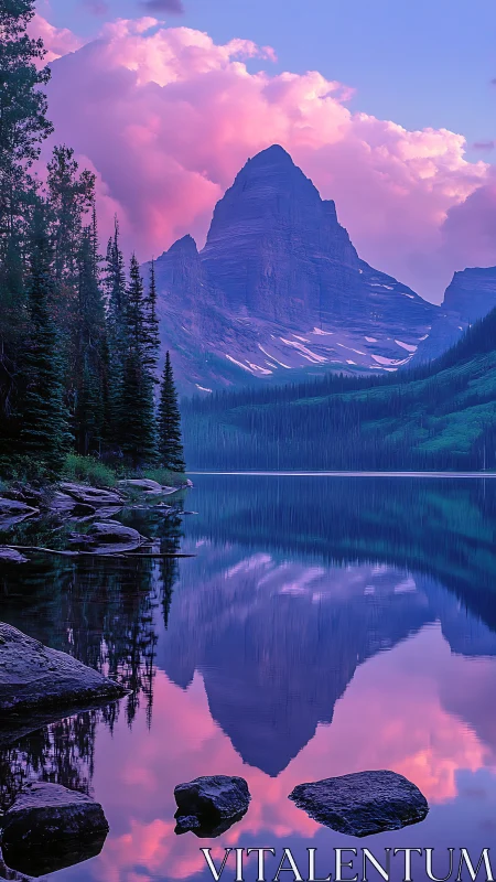 Alpine peak mirrored in twilight lake with magenta cloudscape.