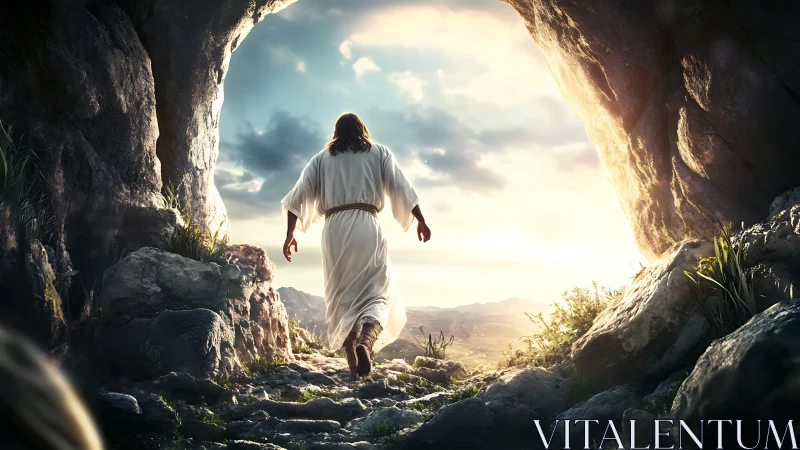 Risen wanderer strides from stone tomb into radiant dawn.