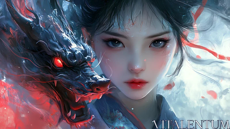 Fiery spirit dragon guarding a calm, determined heroine.