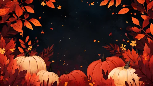 Pumpkin lantern chorus under ember-leaf autumn sky.