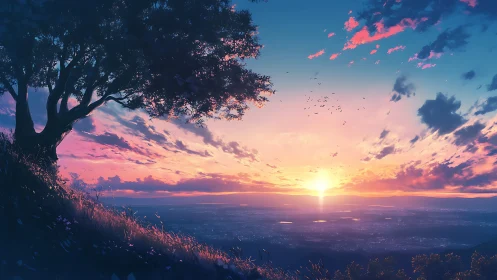 Hilltop daydream tree above a neon-washed sunset world.