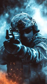 Frostfire marksman strides through smoke and pixelated warzone.