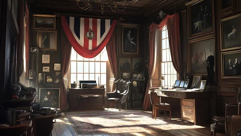 Historic statesman office displays rich portraits and flags