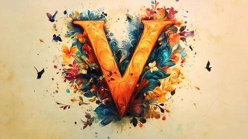 Floral letter V rendered with swirling pigment dynamics and depth