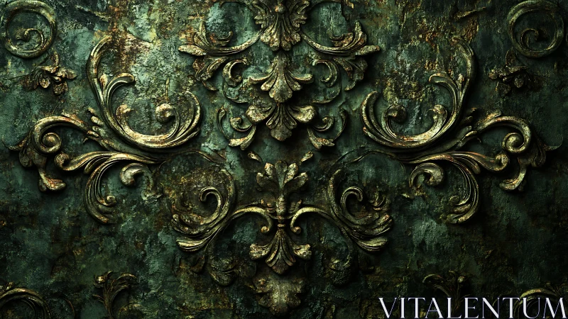 Baroque floral relief ornament emerges from oxidized patina wall