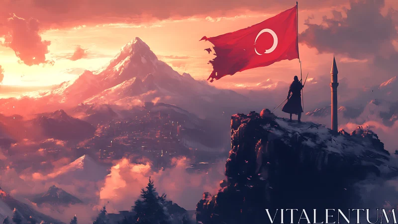 Lone guardian raises crimson crescent over sunset peaks.