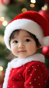 Smiling toddler in Santa suit before glowing Christmas tree.