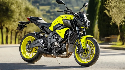 Yellow and black street motorcycle on paved outdoor road.