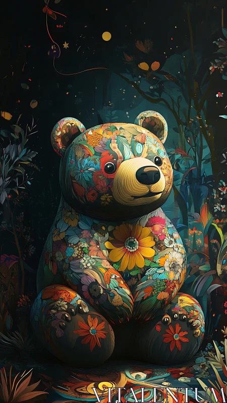 Floral patterned bear statue under luminous night forest sky