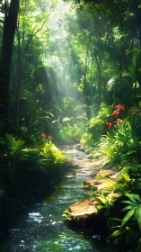 Rainforest Stream with Canopy Light and Red Flowers.
