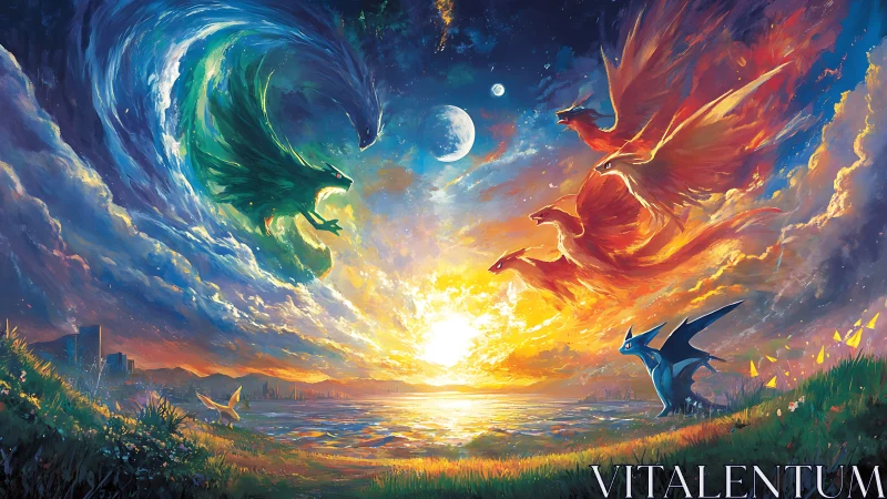 Elemental dragon clash over radiant fantasy shoreline at dusk.