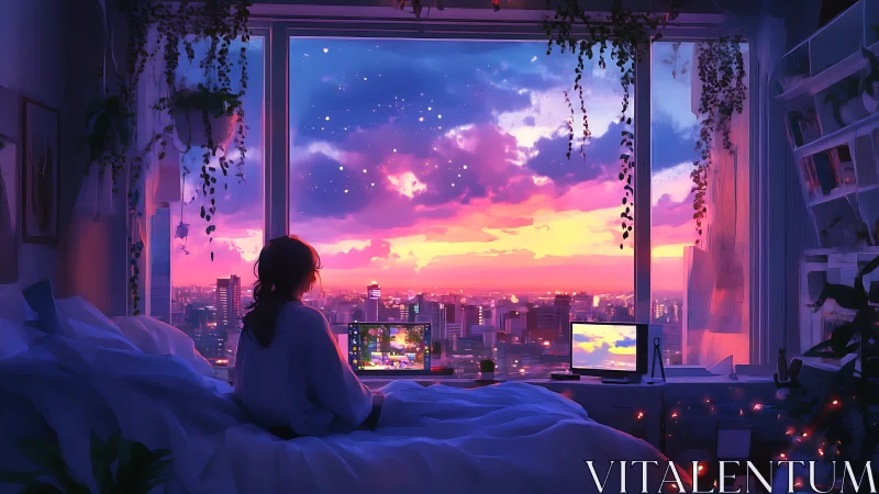 Person observes illuminated city skyline through large window