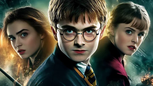 Young wizard trio stands united in misty, glowing magic.