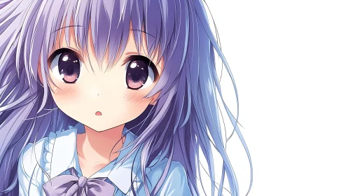 Purple haired anime girl portrait on white background.