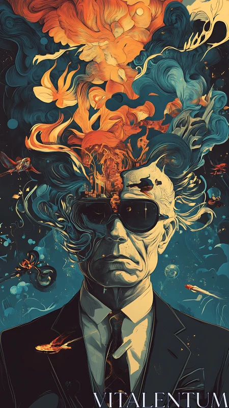 Suit-wrapped dream diver with galaxies leaking upward.